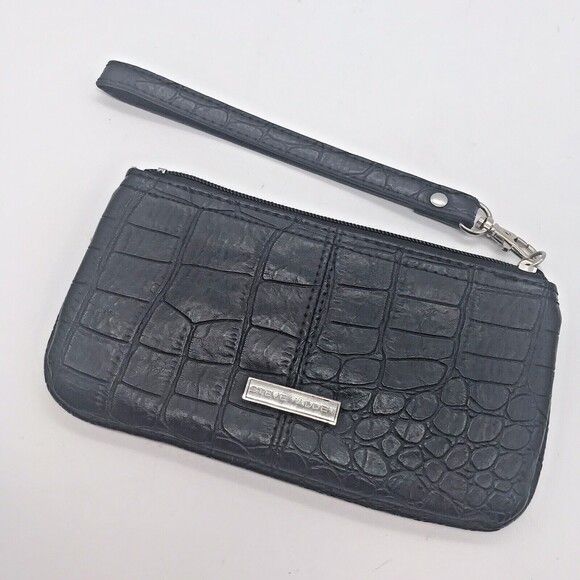 Steve Madden Black Croc Embossed Faux Leather Zip Close Ruffled Wallet Wristlet - Picture 3 of 9